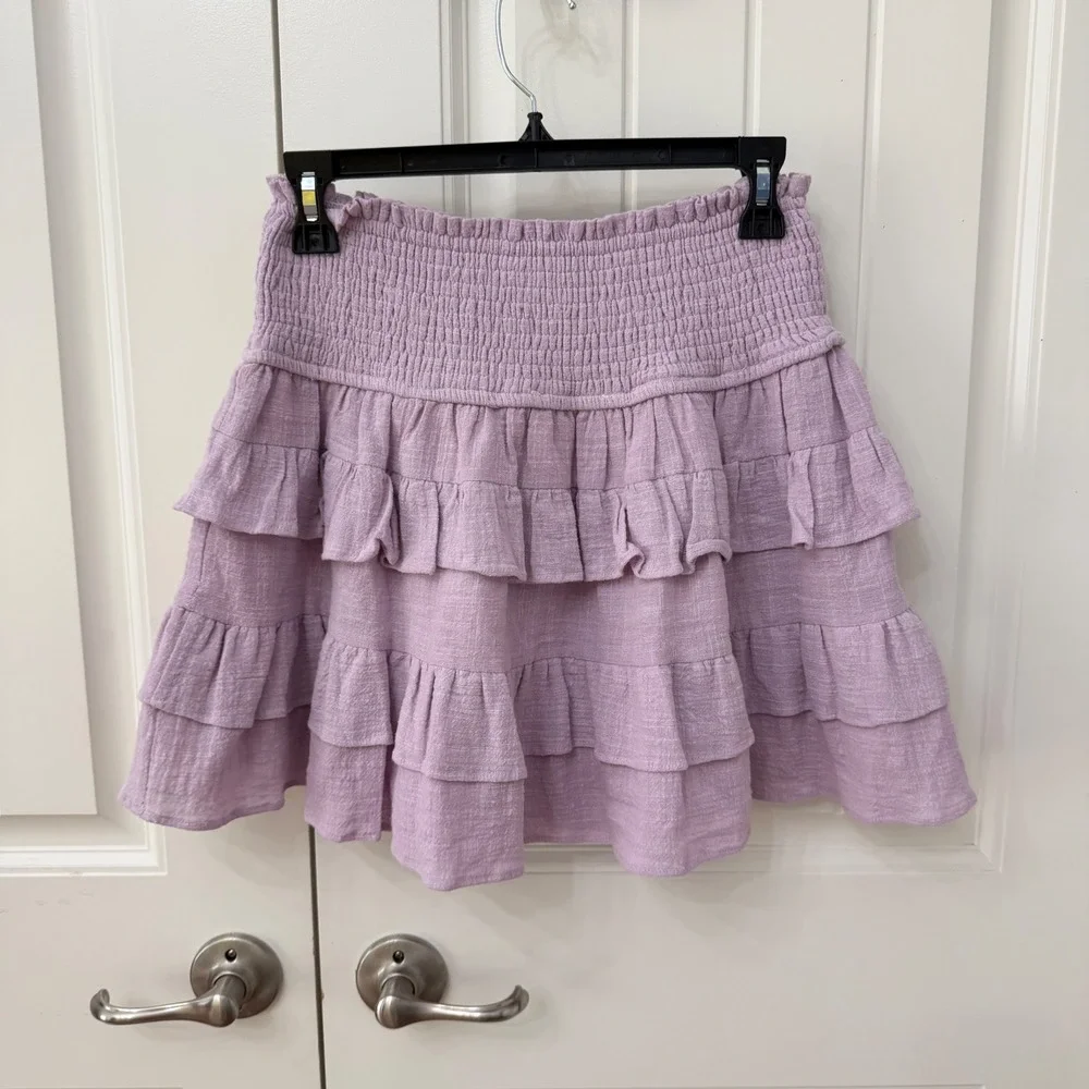 Talulah Mini‎ Skirt M Lavender Purple Smocked Tiered Ruffle Cotton Gauze - Picture 2 of 5